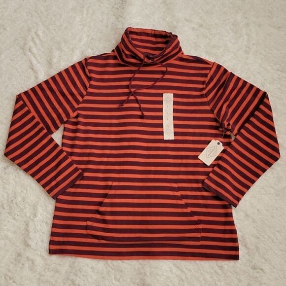 ST. JOHN'S BAY ORANGE/PLUM STRIPED COWL NECK TOP, SIZE LARGE, NEW WITH TAGS - Picture 1 of 8